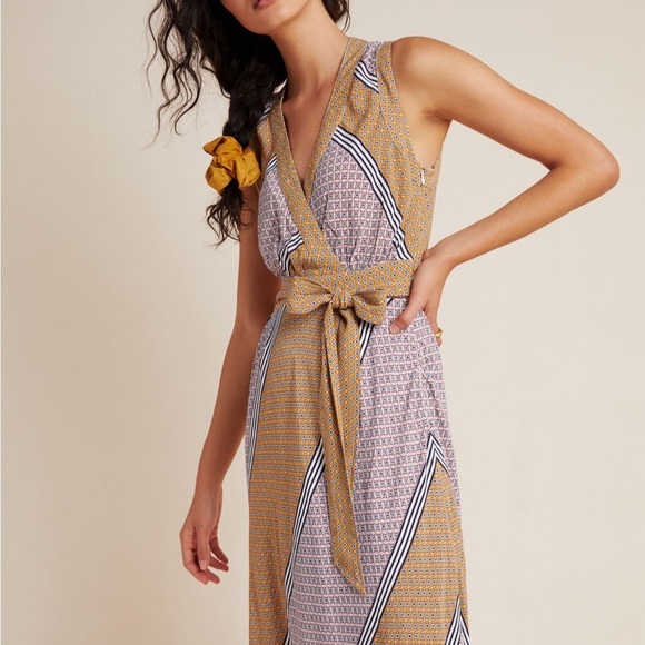 Anthropologie Maeve Carla Wrap Dress Pink Combo Vneck Tie Closure Side Zip Sz 8 - Picture 2 of 16